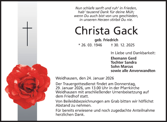 Traueranzeige von Christa Gack von Neue Presse Coburg