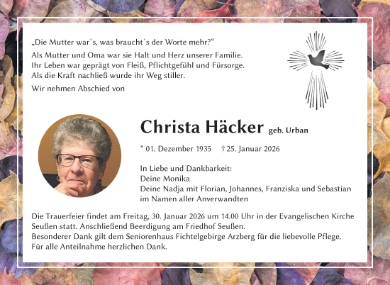 Traueranzeige von Christa Häcker von Frankenpost