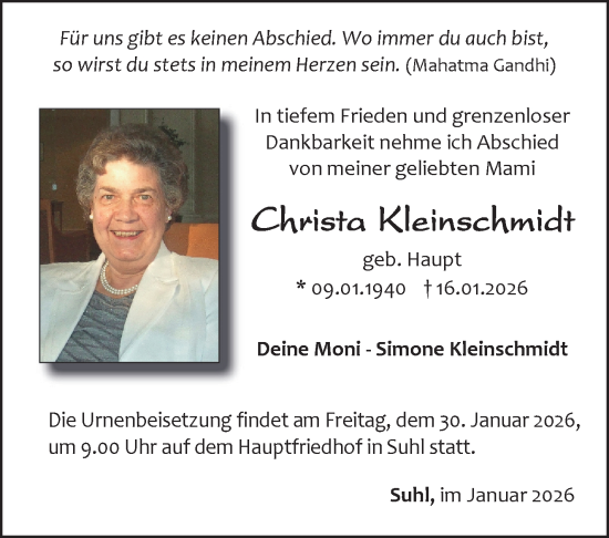 Traueranzeige von Christa Kleinschmidt von Südthüringer Presse