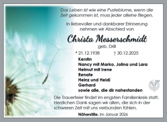 Traueranzeige von Christa Messerschmidt von Südthüringer Presse