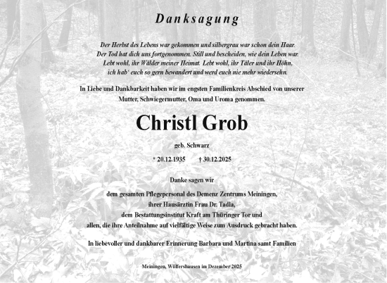 Traueranzeige von Christl Grob von Südthüringer Presse