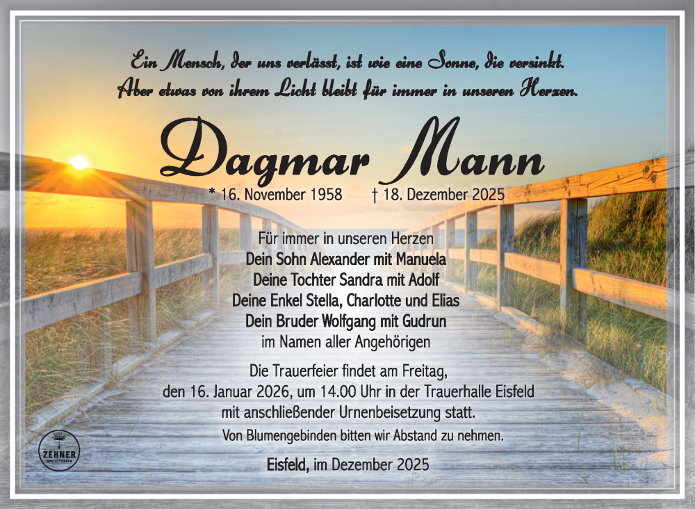  Traueranzeige für Dagmar Mann vom 10.01.2026 aus Südthüringer Presse