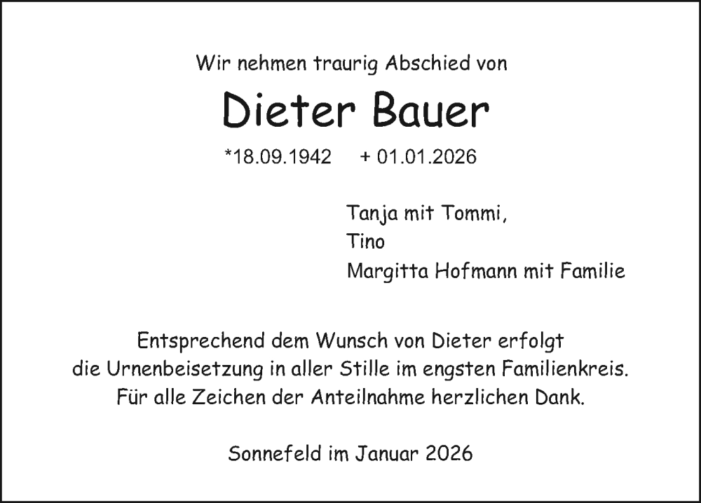  Traueranzeige für Dieter Bauer vom 10.01.2026 aus Neue Presse Coburg