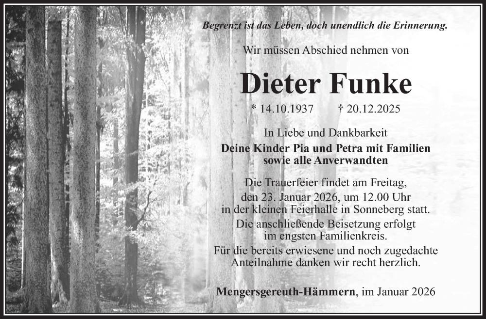  Traueranzeige für Dieter Funke vom 10.01.2026 aus Südthüringer Presse