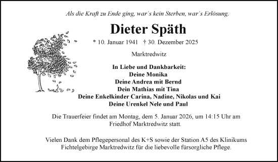 Traueranzeige von Dieter Späth von Frankenpost
