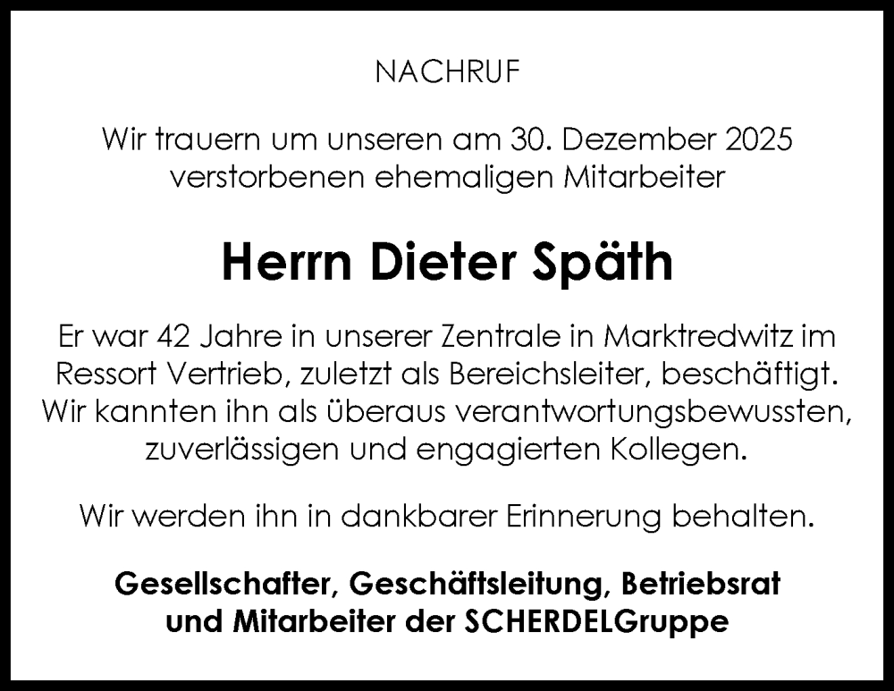  Traueranzeige für Dieter Späth vom 13.01.2026 aus Frankenpost