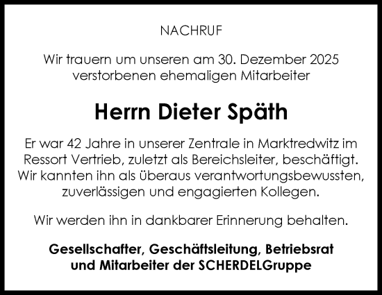 Traueranzeige von Dieter Späth von Frankenpost