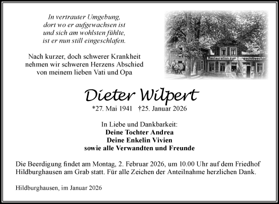 Traueranzeige von Dieter Wilpert von Südthüringer Presse