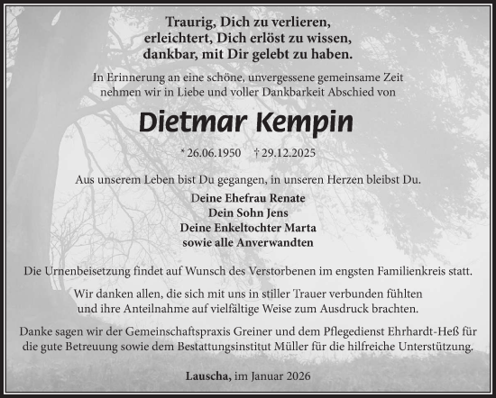 Traueranzeige von Dietmar Kempin von Südthüringer Presse