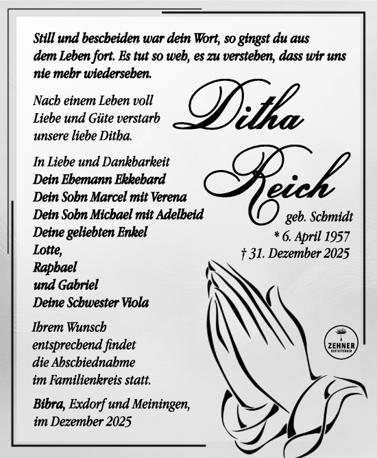 Traueranzeige von Ditha Reich von Südthüringer Presse