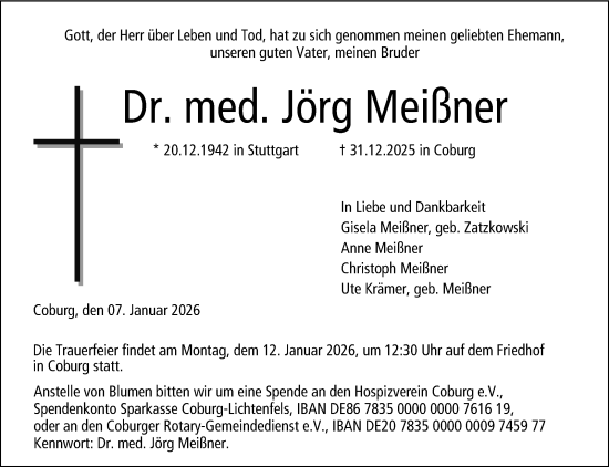 Traueranzeige von Dr. med. Jörg Meißner von Neue Presse Coburg