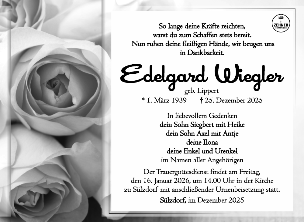  Traueranzeige für Edelgard Wiegler vom 10.01.2026 aus Südthüringer Presse