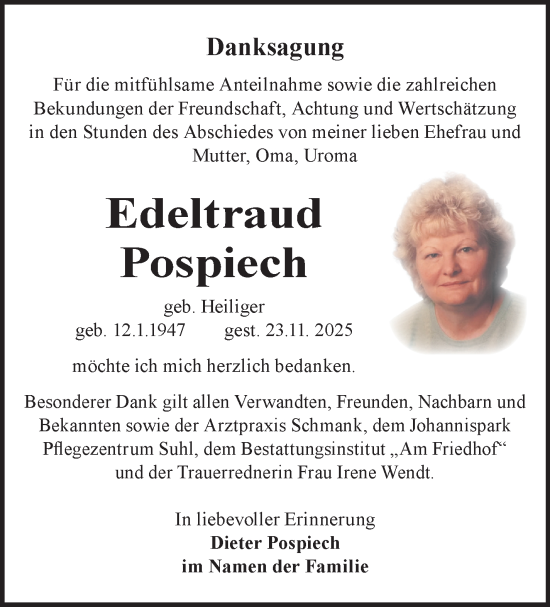 Traueranzeige von Edeltraud Pospiech von Südthüringer Presse