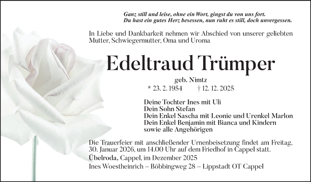  Traueranzeige für Edeltraud Trümper vom 29.01.2026 aus Südthüringer Presse