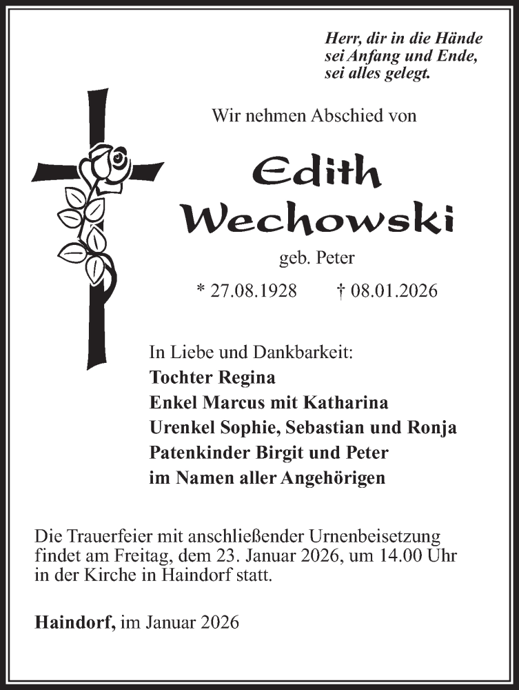  Traueranzeige für Edith Wechowski vom 17.01.2026 aus Südthüringer Presse