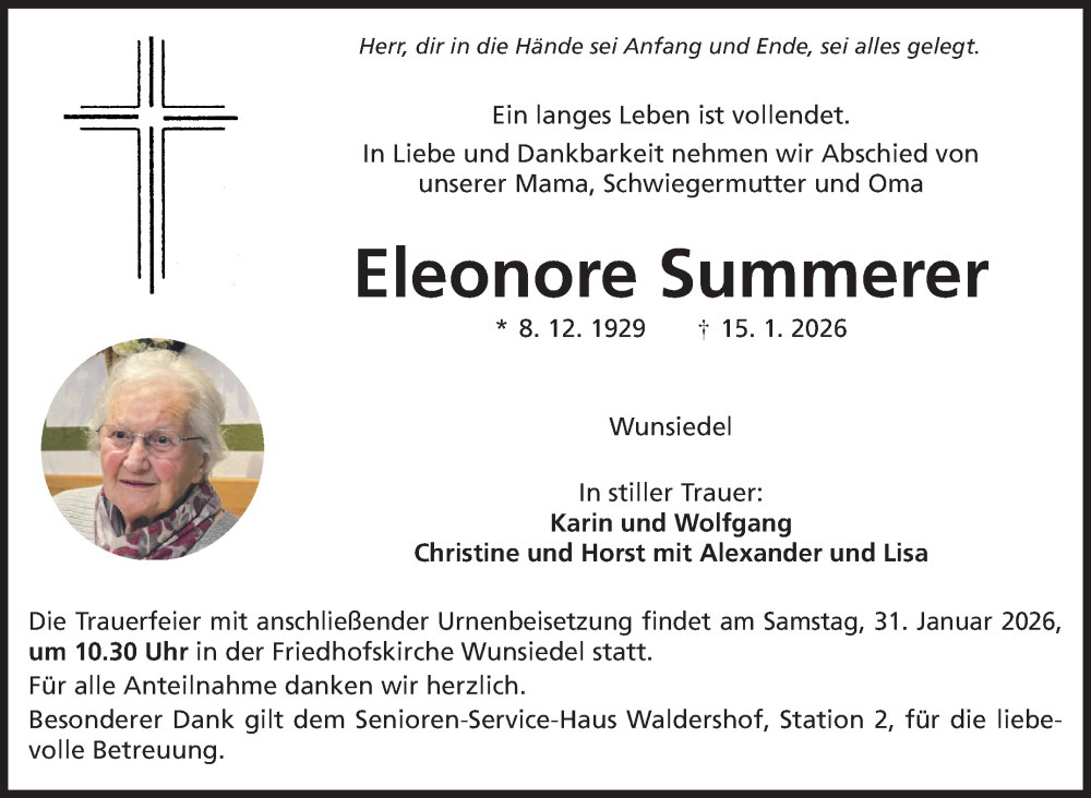  Traueranzeige für Eleonore Summerer vom 24.01.2026 aus Frankenpost