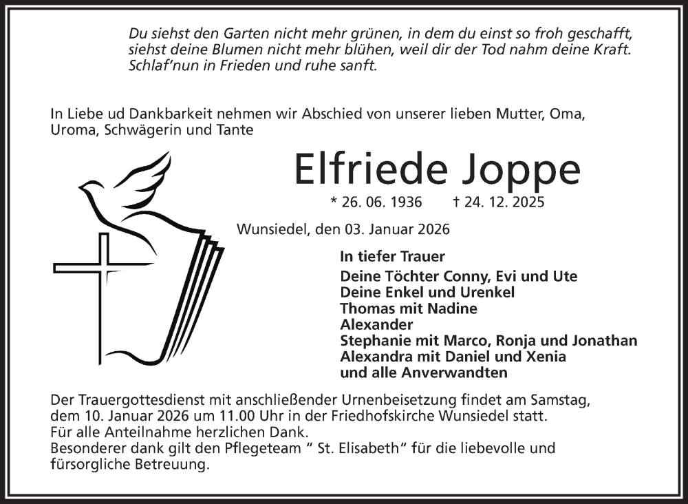  Traueranzeige für Elfriede Joppe vom 03.01.2026 aus Frankenpost