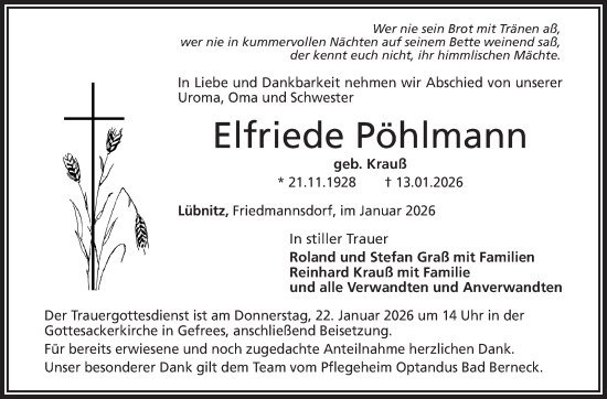 Traueranzeige von Elfriede Pöhlmann von Frankenpost