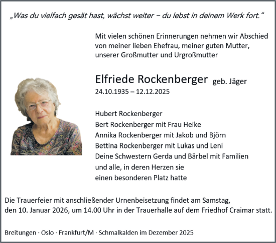 Traueranzeige von Elfriede Rockenberger von Südthüringer Presse
