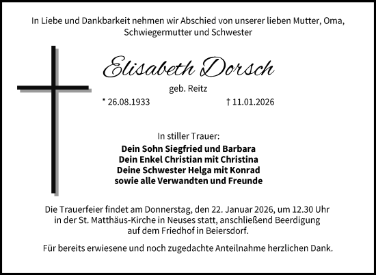 Traueranzeige von Elisabeth Dorsch von Neue Presse Coburg