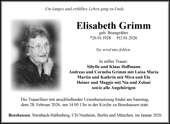 Traueranzeige von Elisabeth Grimm von Südthüringer Presse