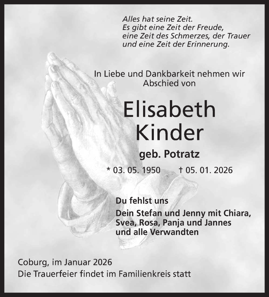  Traueranzeige für Elisabeth Kinder vom 10.01.2026 aus Neue Presse Coburg