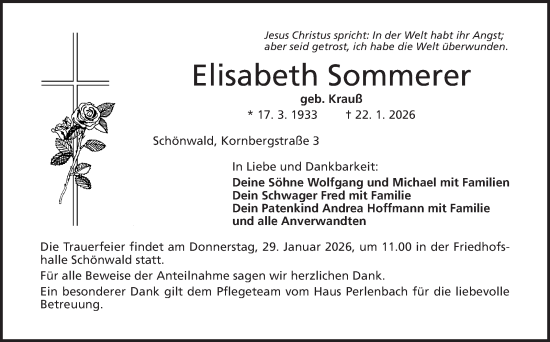 Traueranzeige von Elisabeth Sommerer von Frankenpost