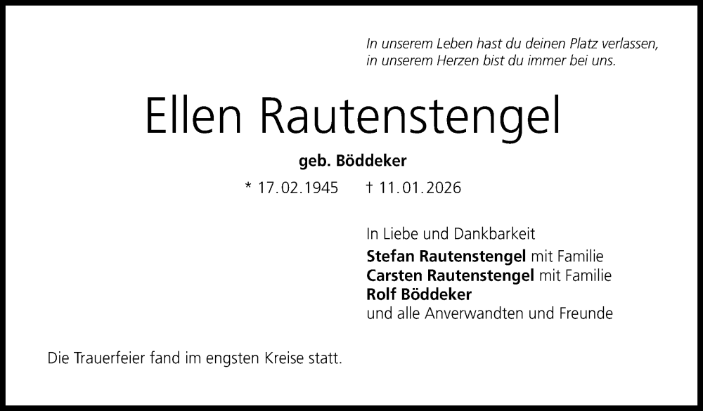  Traueranzeige für Ellen Rautenstengel vom 31.01.2026 aus Neue Presse Coburg