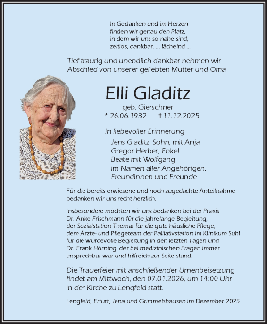Traueranzeige von Elli Gladitz von Südthüringer Presse