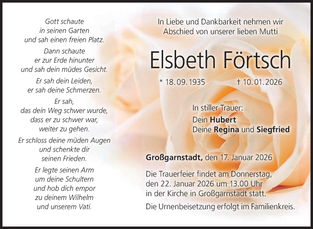  Traueranzeige für Elsbeth Förtsch vom 17.01.2026 aus Neue Presse Coburg