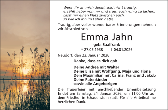 Traueranzeige von Emma Jahn von Frankenpost