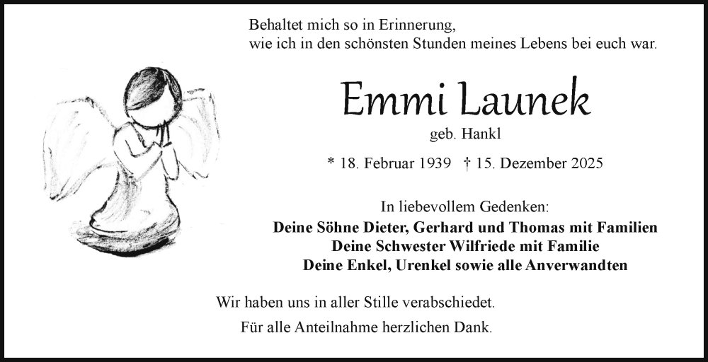  Traueranzeige für Emmi Launek vom 10.01.2026 aus Frankenpost