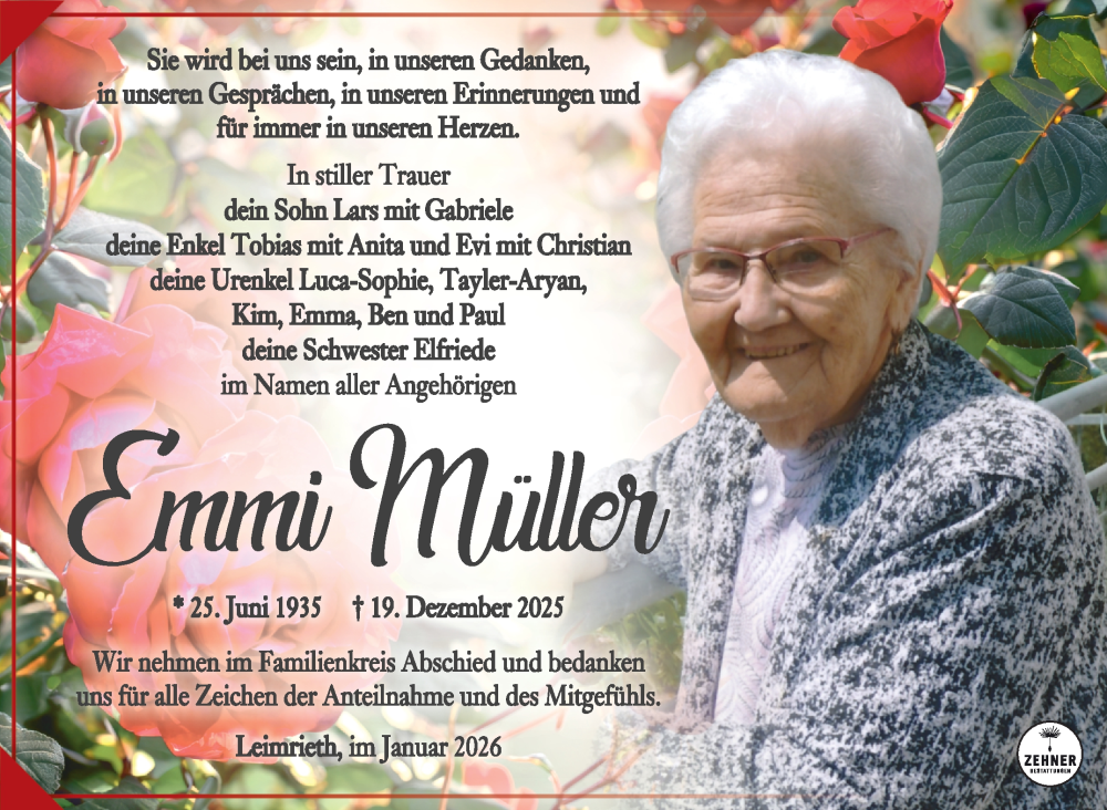  Traueranzeige für Emmi Müller vom 17.01.2026 aus Südthüringer Presse