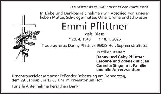 Traueranzeige von Emmi Pflittner von Frankenpost