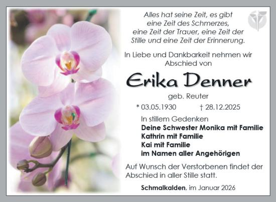 Traueranzeige von Erika Denner von Südthüringer Presse