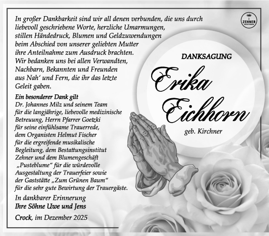 Traueranzeige von Erika Eichhorn von Südthüringer Presse