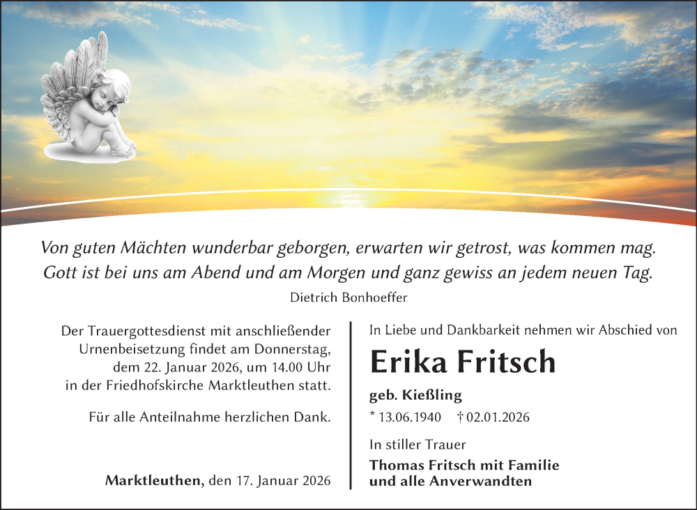  Traueranzeige für Erika Fritsch vom 17.01.2026 aus Frankenpost