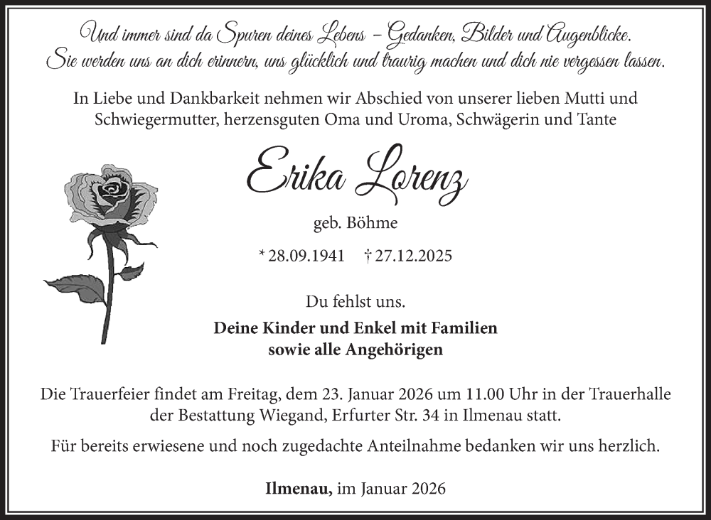  Traueranzeige für Erika Lorenz vom 10.01.2026 aus Südthüringer Presse