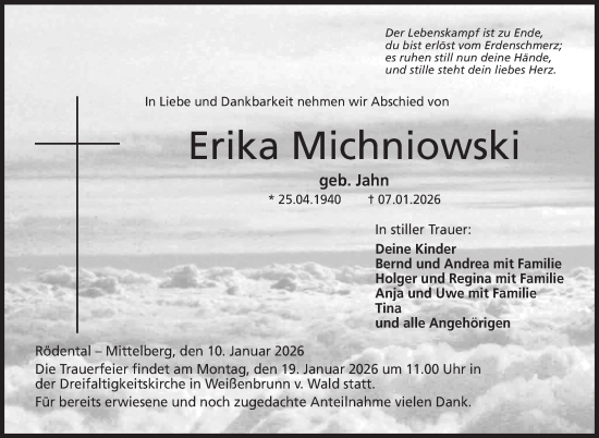 Traueranzeige von Erika Michniowski von Neue Presse Coburg