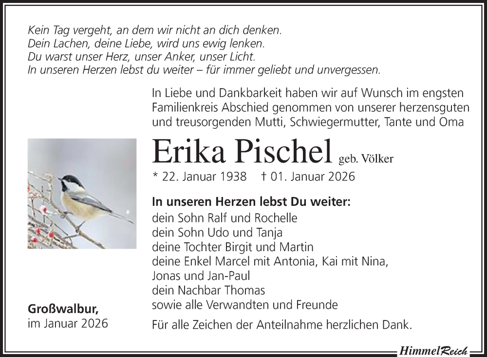  Traueranzeige für Erika Pischel vom 17.01.2026 aus Neue Presse Coburg