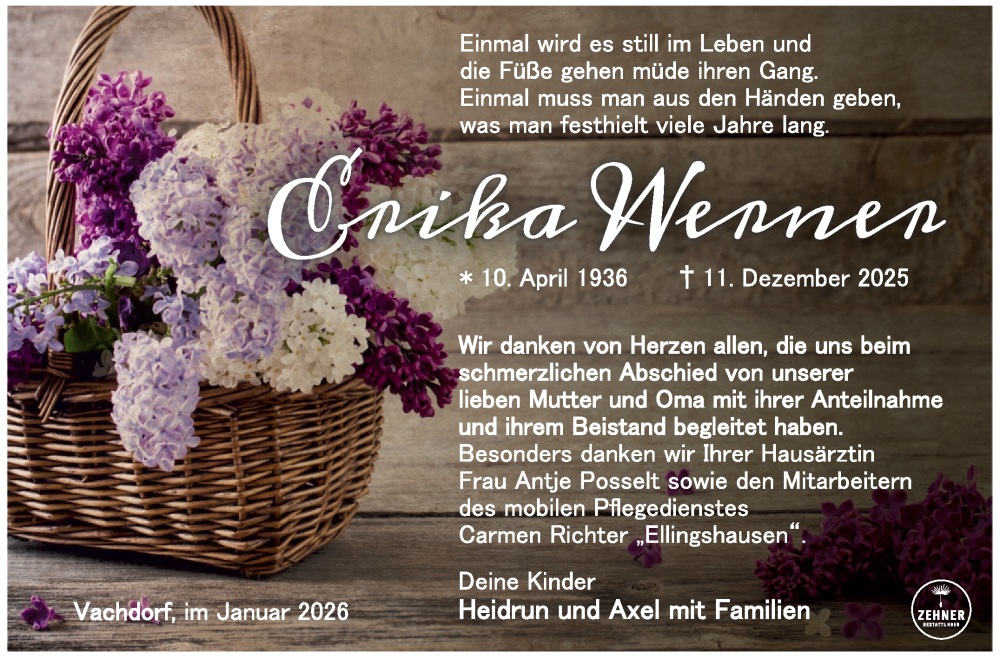  Traueranzeige für Erika Werner vom 24.01.2026 aus Südthüringer Presse