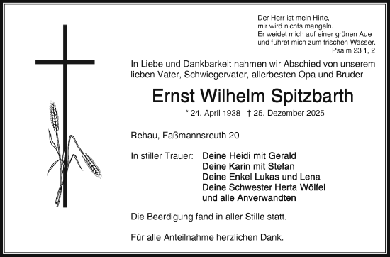 Traueranzeige von Ernst Spitzbarth von Frankenpost
