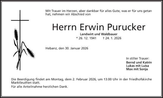 Traueranzeige von Erwin Purucker von Frankenpost