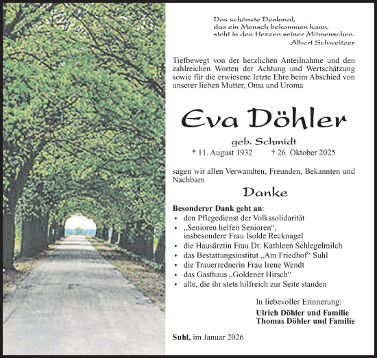 Traueranzeige von Eva Döhler von Südthüringer Presse