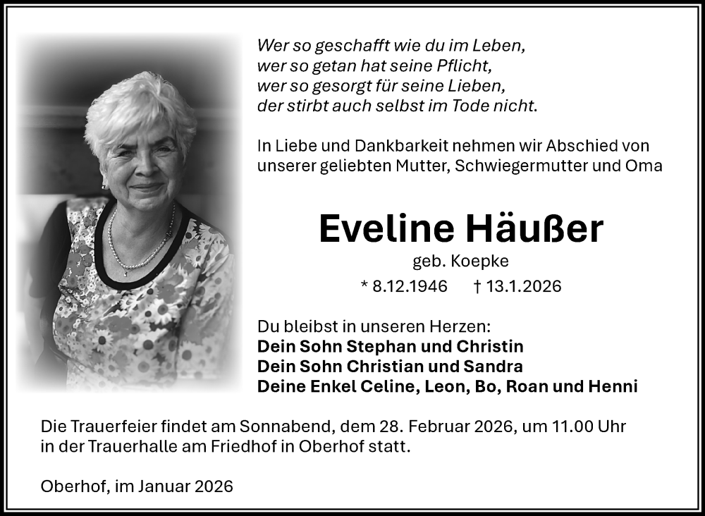  Traueranzeige für Eveline Häußer vom 24.01.2026 aus Südthüringer Presse