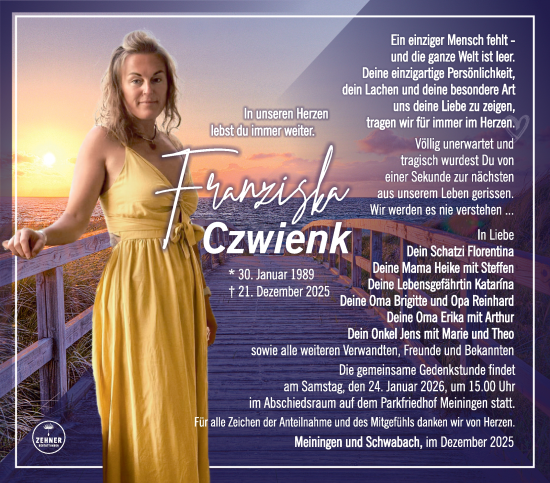 Traueranzeige von Franziska Czwienk von Südthüringer Presse