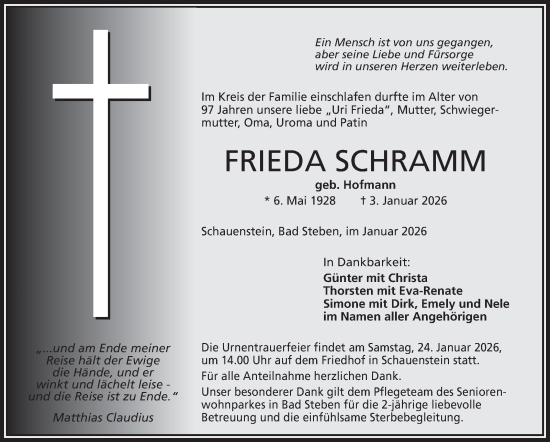 Traueranzeige von Frieda Schramm von Frankenpost