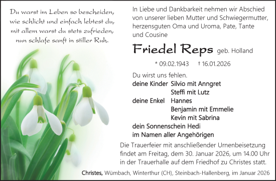 Traueranzeige von Friedel Reps von Südthüringer Presse