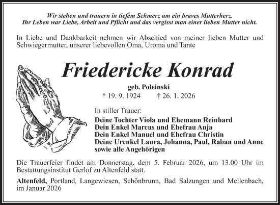 Traueranzeige von Friedericke Konrad von Südthüringer Presse
