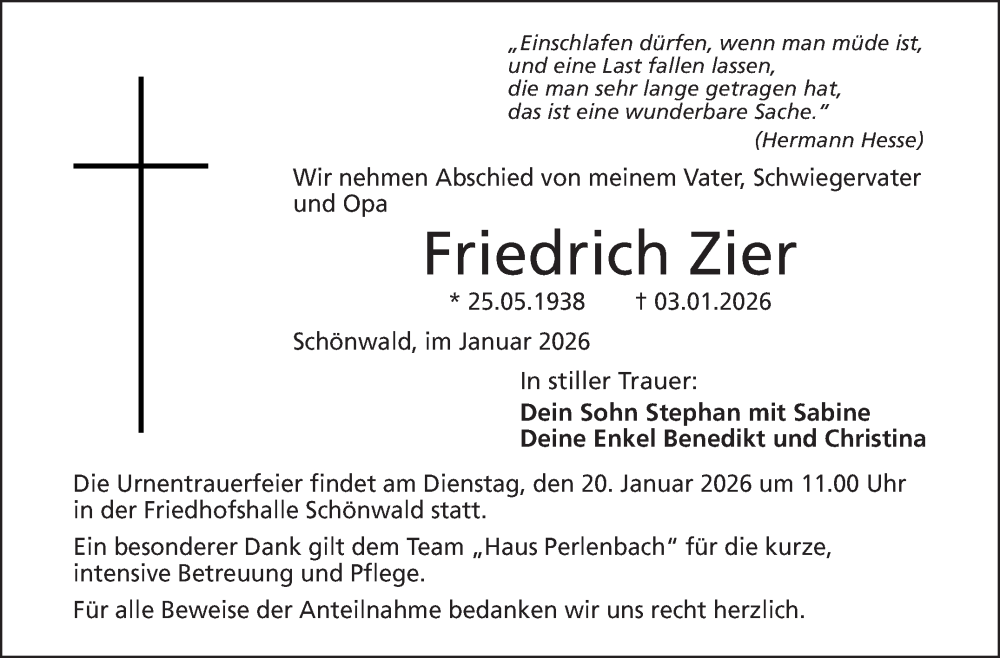  Traueranzeige für Friedrich Zier vom 17.01.2026 aus Frankenpost